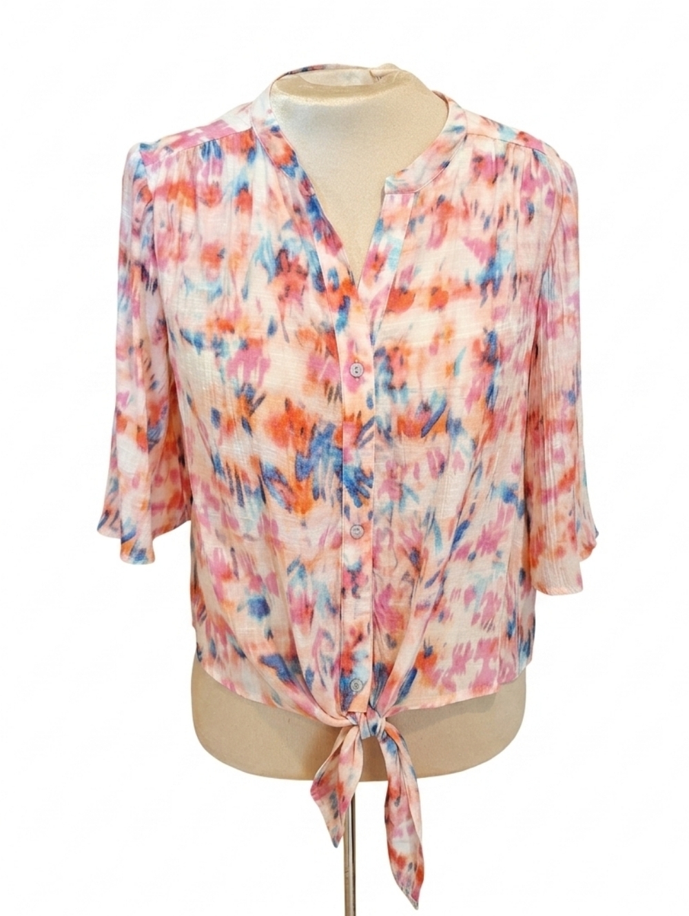 Nanette Lepore Abstract Print Blouse – Short Sleeve Button Front Tie Hem Size M